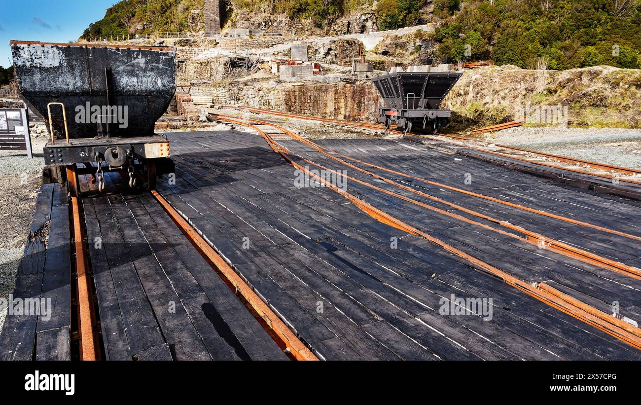 Denniston Plateau, Buller District, Denniston coal wagons and coal mine remains, west coast, south island, Aotearoa / New Zealand. Stock Photo