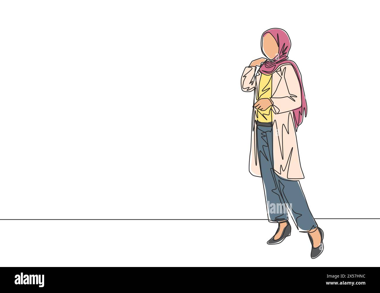 One single line drawing of young happy beauty muslimah wearing ...