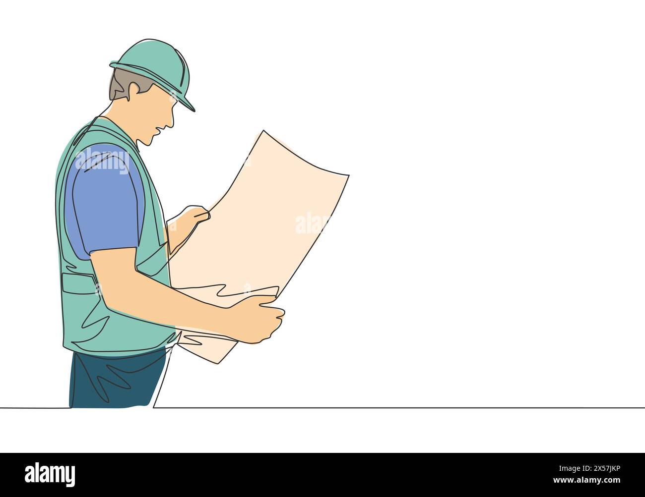 One single line drawing of young handsome architect holding building