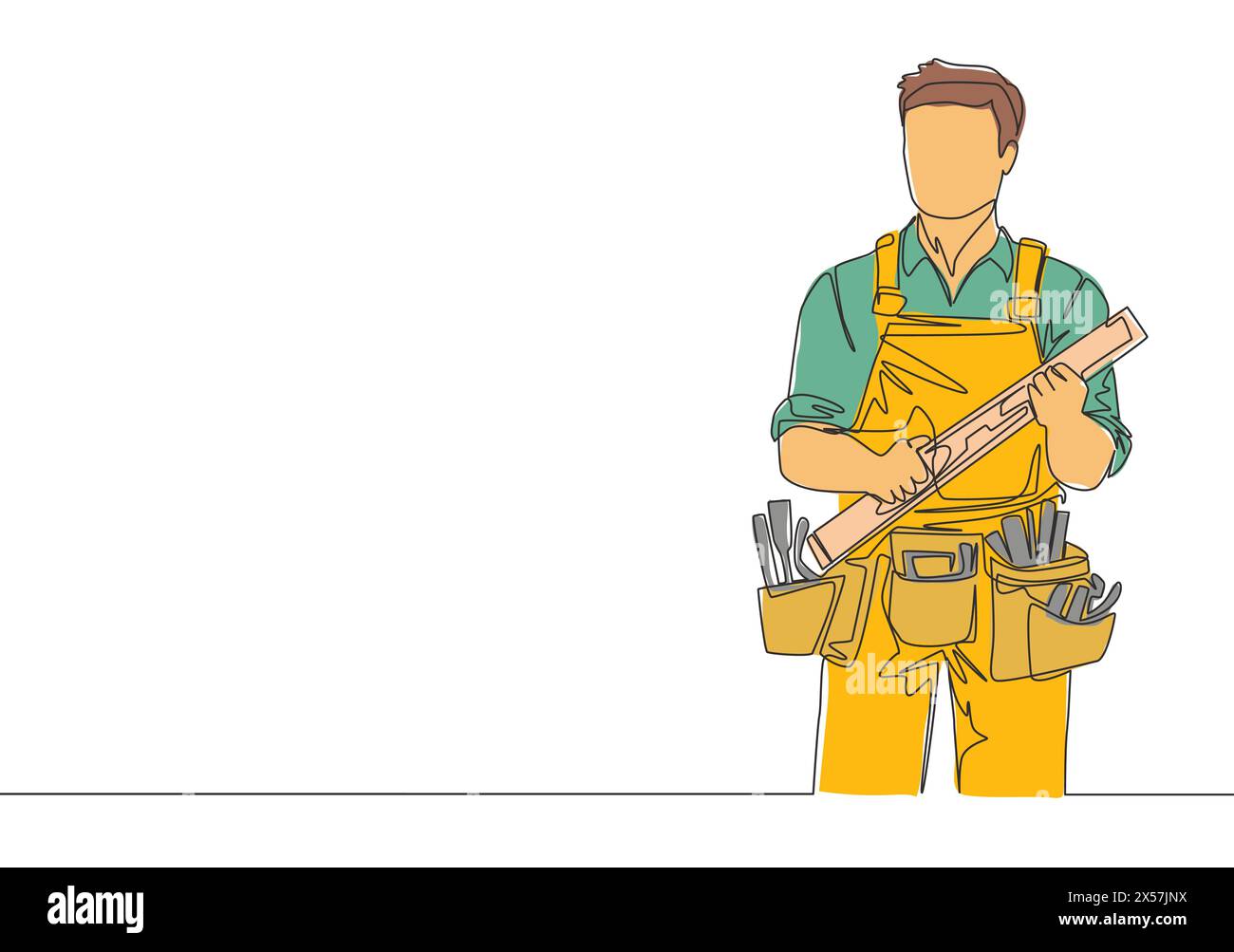 Single continuous line drawing of young handyman wearing building construction uniform while holding spirit level. Craftsman home repair service conce Stock Vector