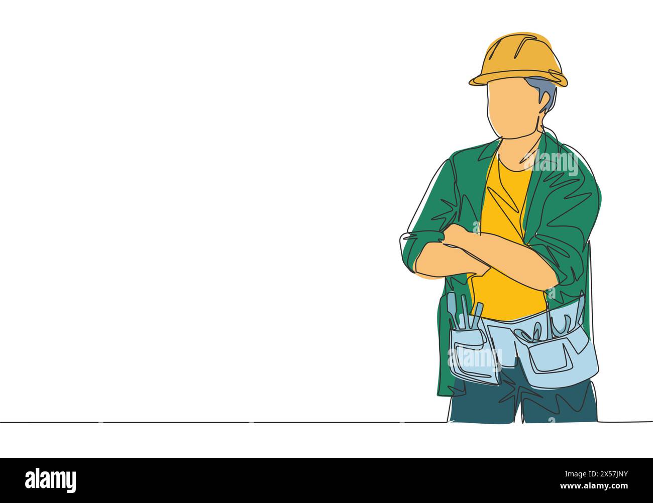 One continuous line drawing of young construction builder wearing uniform, tools belt and helmet while crossing his hands. Craftsman home repair servi Stock Vector