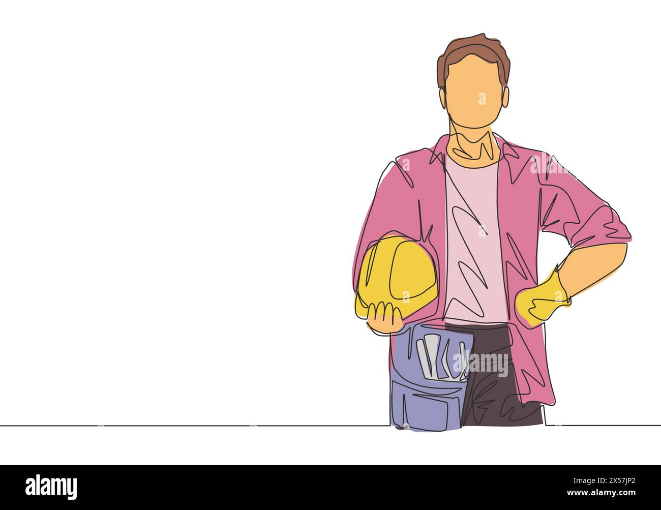 One single line drawing of young craftsman wearing building construction uniform while holding helmet. Handyman house renovation service concept. Cont Stock Vector