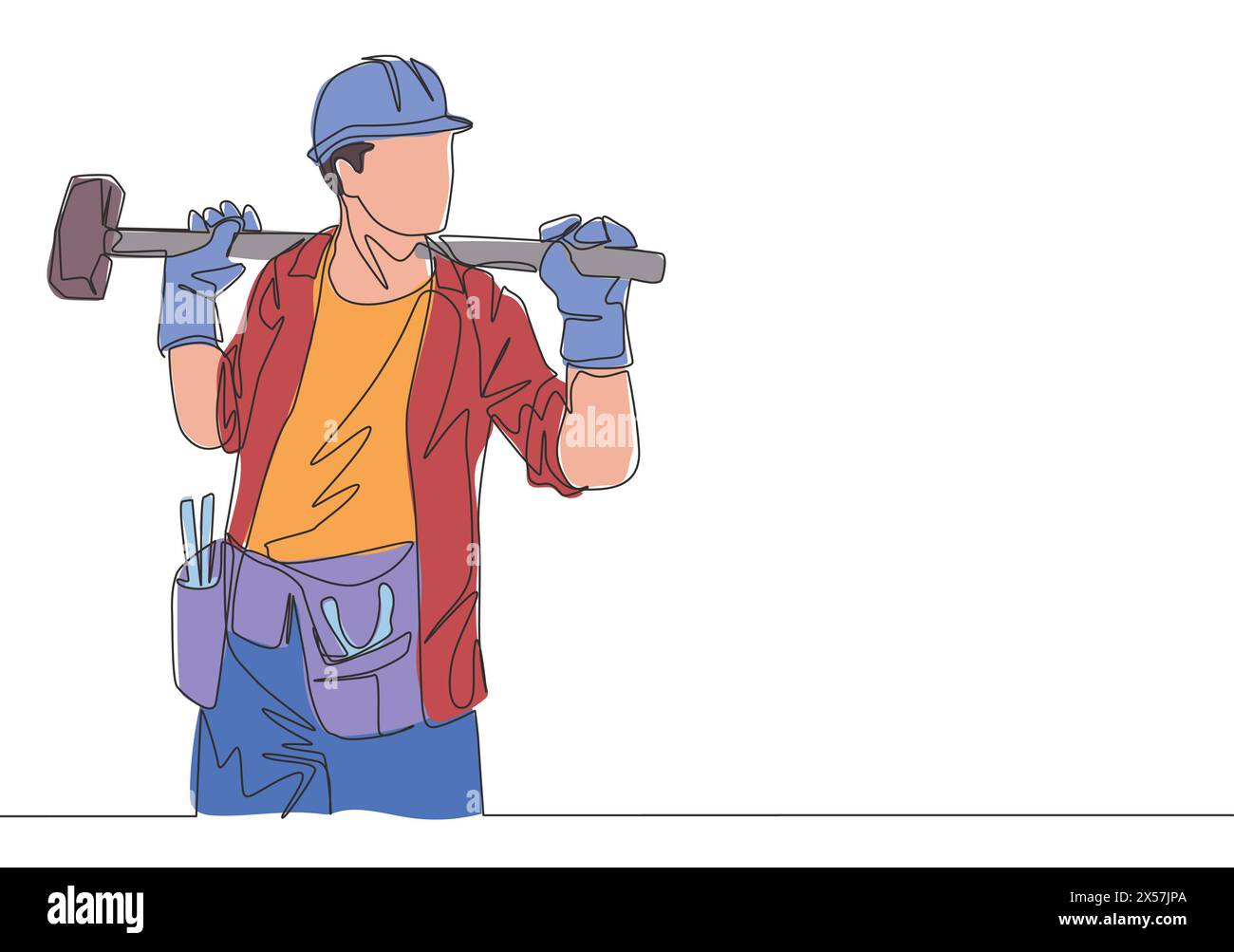 One single line drawing of young construction builder wearing uniform, tools belt and helmet while holding hammer. Craftsman home repair service conce Stock Vector