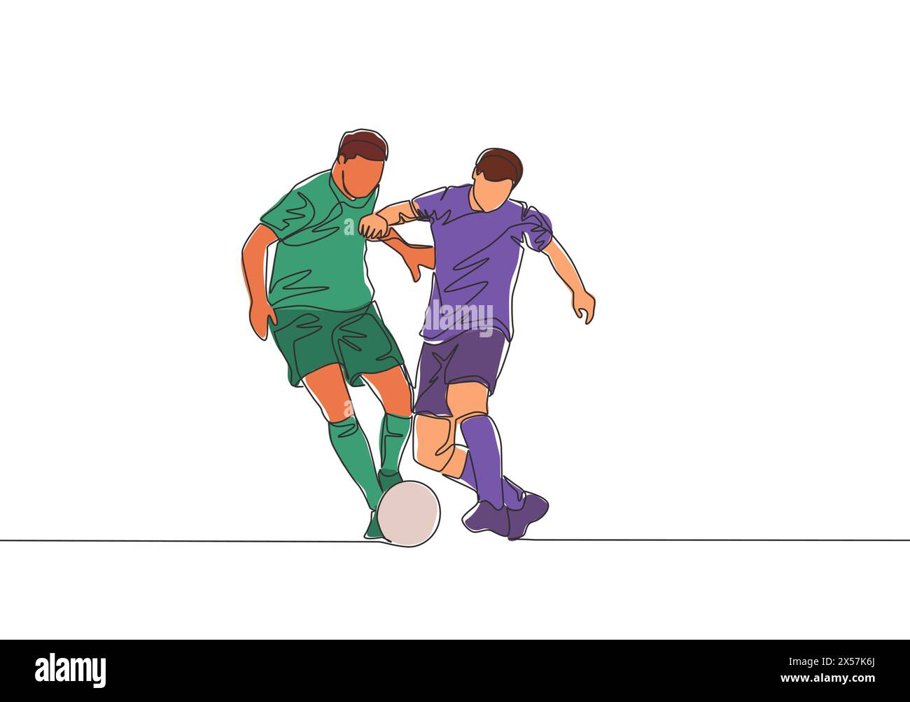 One continuous line drawing of young energetic football player try to pass opponent defender and score the ball to the goal. Soccer match sports conce Stock Vector