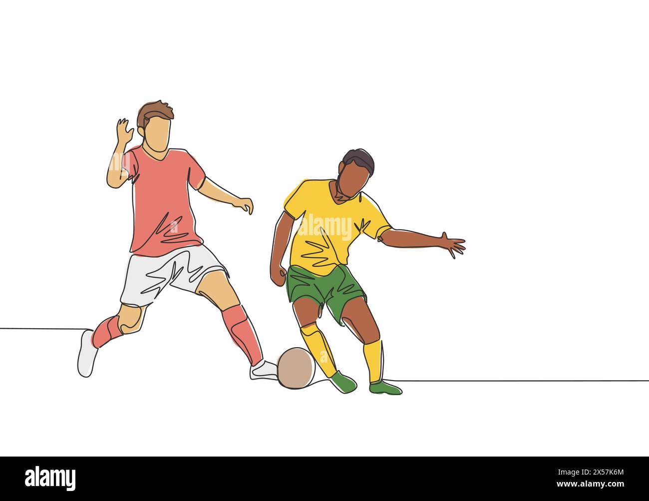 Single continuous line drawing of young energetic football player dribbling pass opponent player and running to the rival area. Soccer match sports co Stock Vector