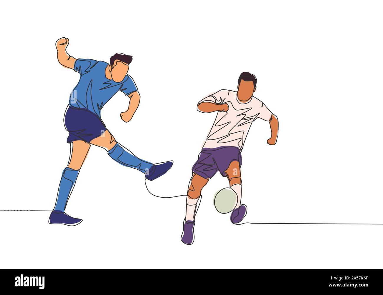 One continuous line drawing of young football striker shooting the ball and the defender blocking the ball. Soccer match sports concept. Single line d Stock Vector