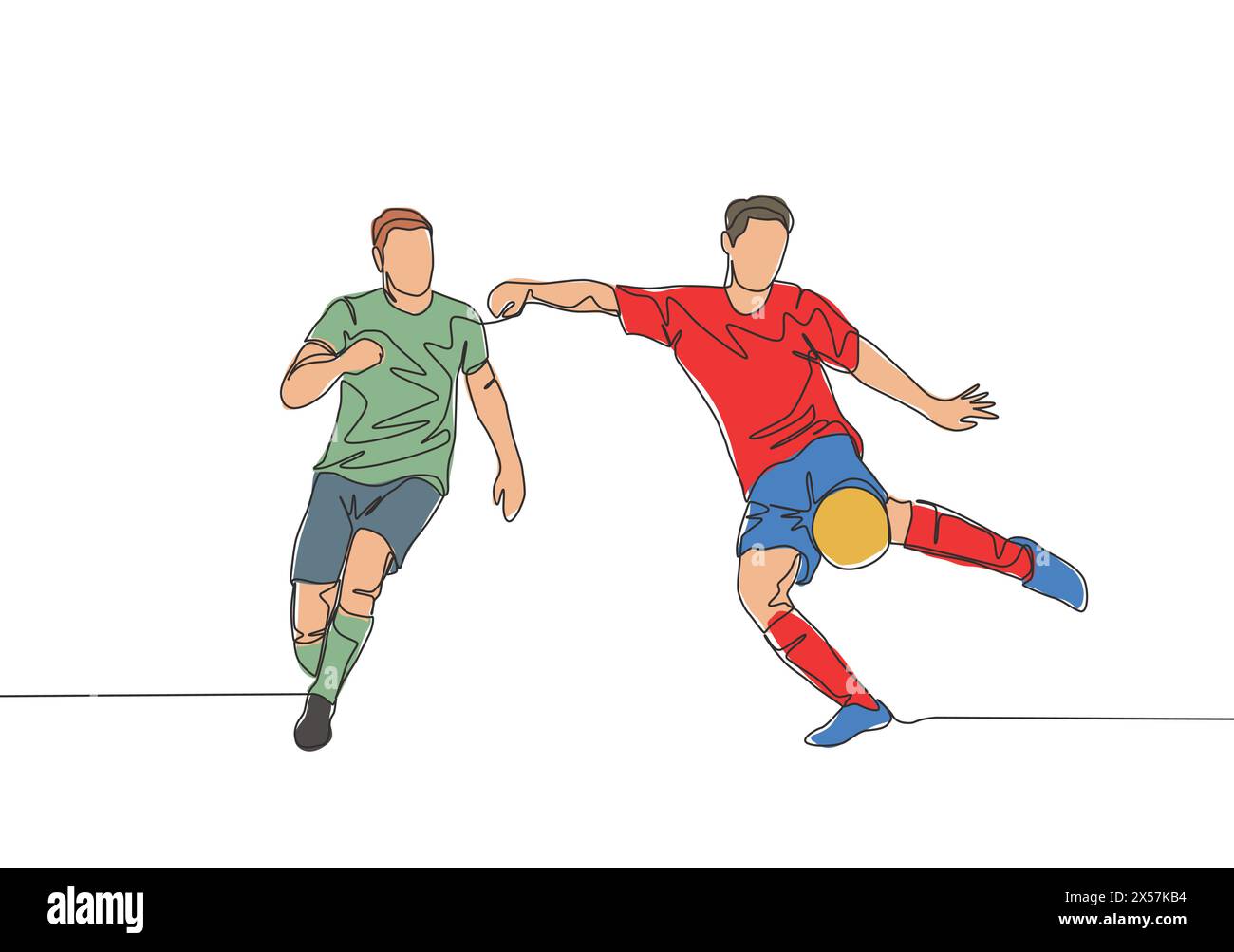 One continuous line drawing of young energetic striker kicking the ball but the defender try to block the shoot. Soccer match sports concept. Single l Stock Vector