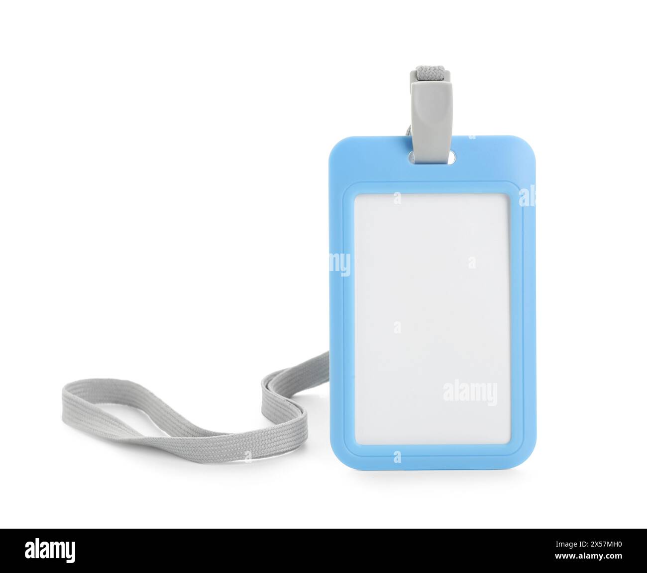 Blank light blue badge with string isolated on white Stock Photo - Alamy