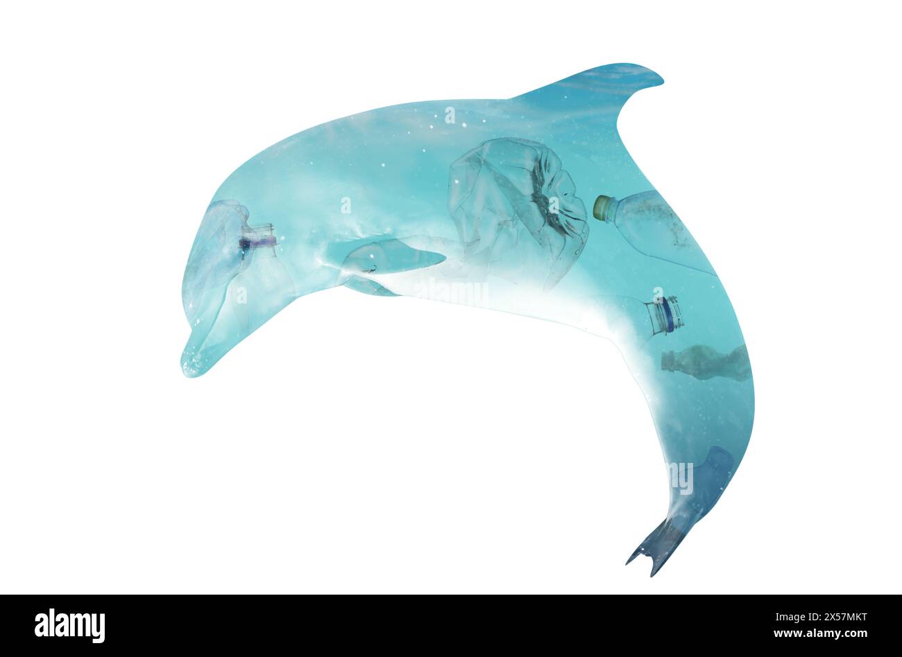 Plastic garbage in ocean and dolphin, double exposure. Environmental pollution Stock Photo