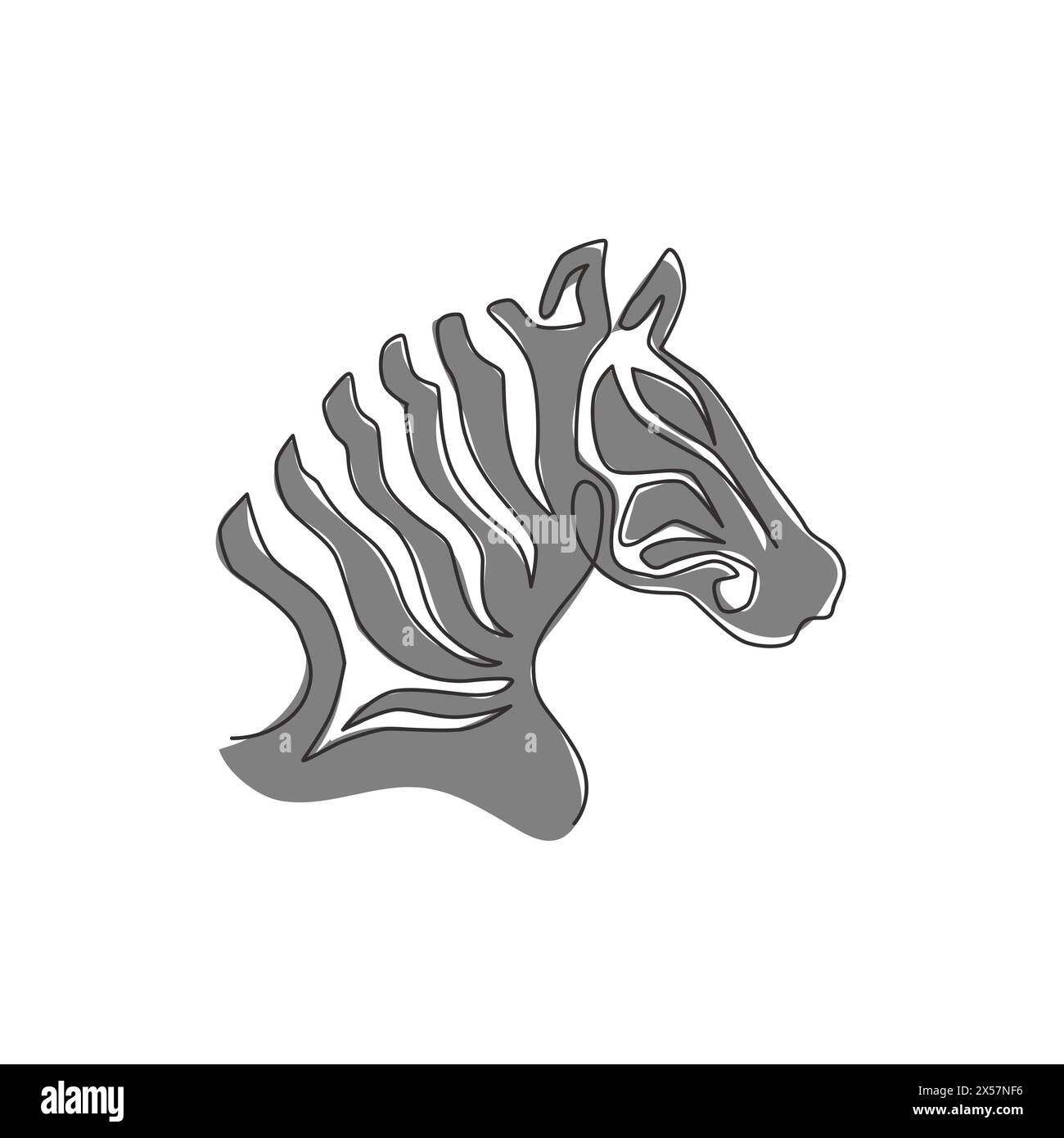 One continuous line drawing of zebra head for zoo safari national park logo identity. Typical horse from Africa with stripes concept for company masco Stock Vector