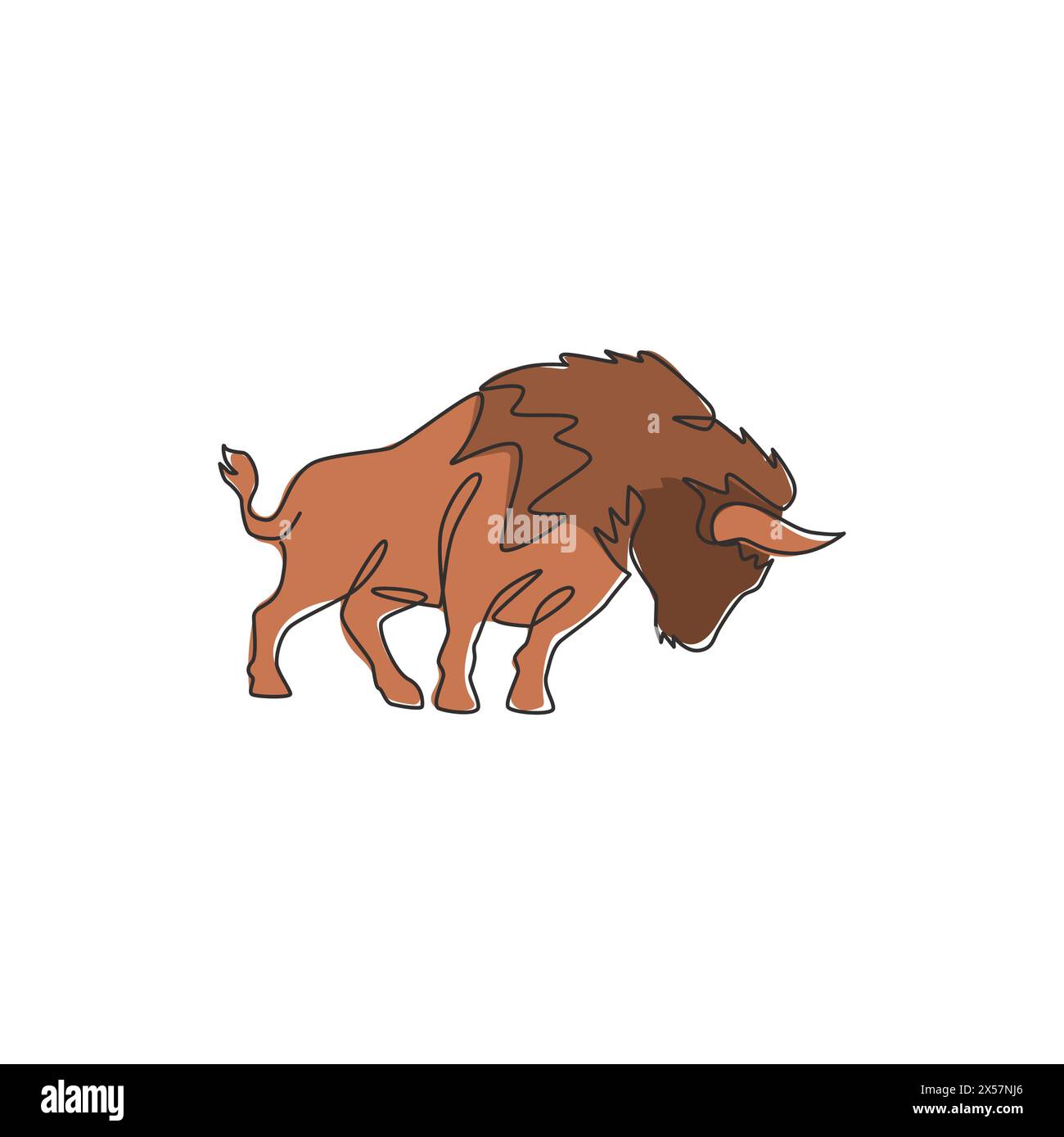 One single line drawing of healthy organic american bison for livestock cattle logo identity. Big buffalo mascot concept for canned meat food. Modern Stock Vector