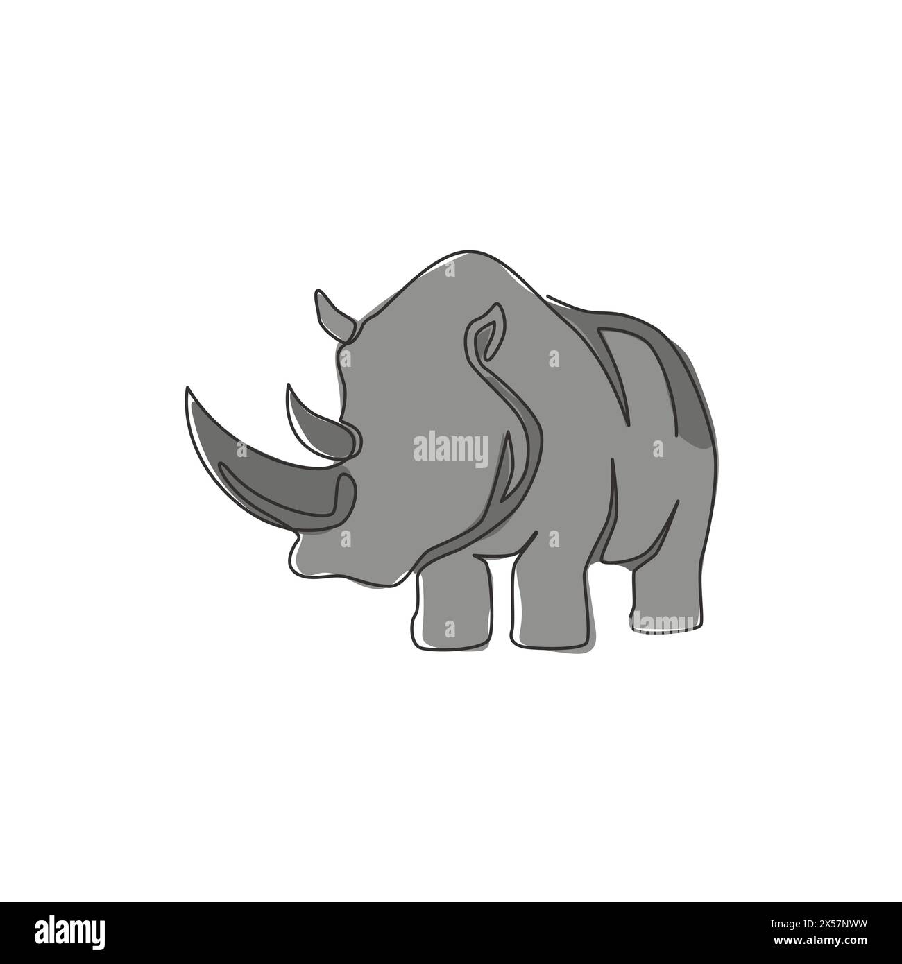 One continuous line drawing of strong white rhinoceros for company logo identity. African rhino animal mascot concept for national zoo safari. Single Stock Vector
