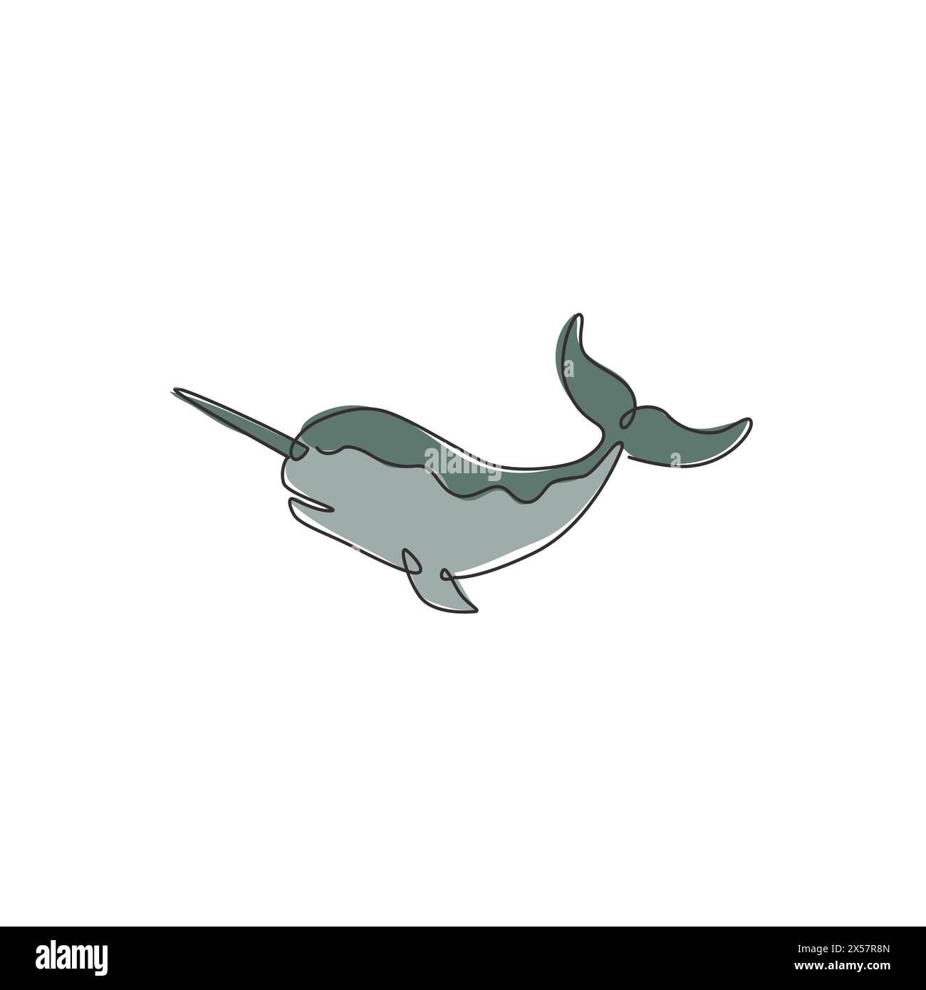 One continuous line drawing of cute narwhal with tusk for marine ...