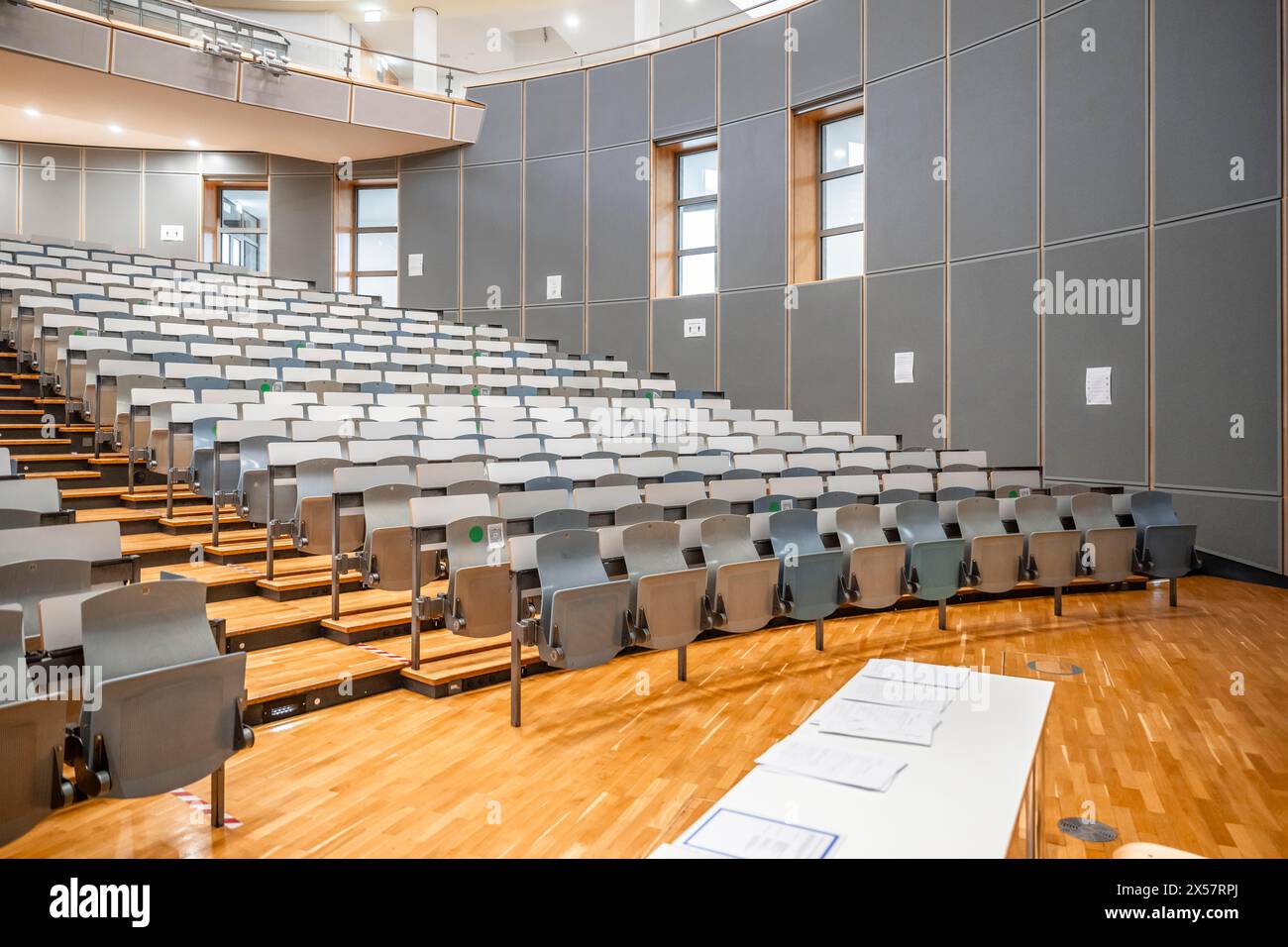 Rows of seats in an empty lecture theatre, interior photo, Department
