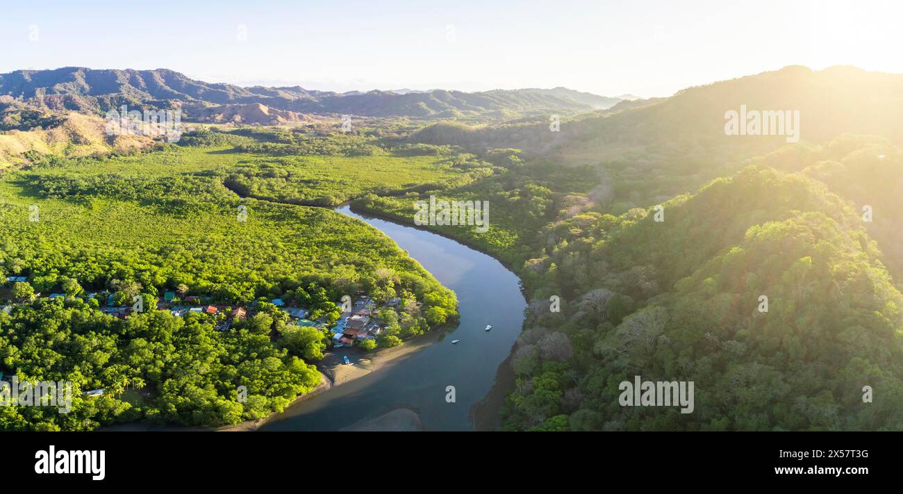 Aerial view of a river flowing through a green landscape with a ...