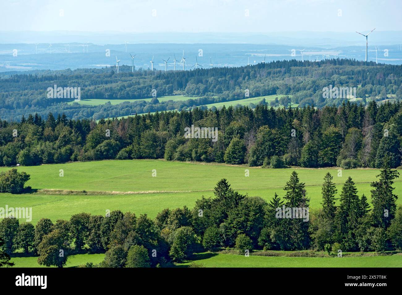 View of the Upper Nidda Valley, forests, fields and wind turbines, wind turbines, viewpoint from Hoherodskopf mountain, excursion destination Stock Photo