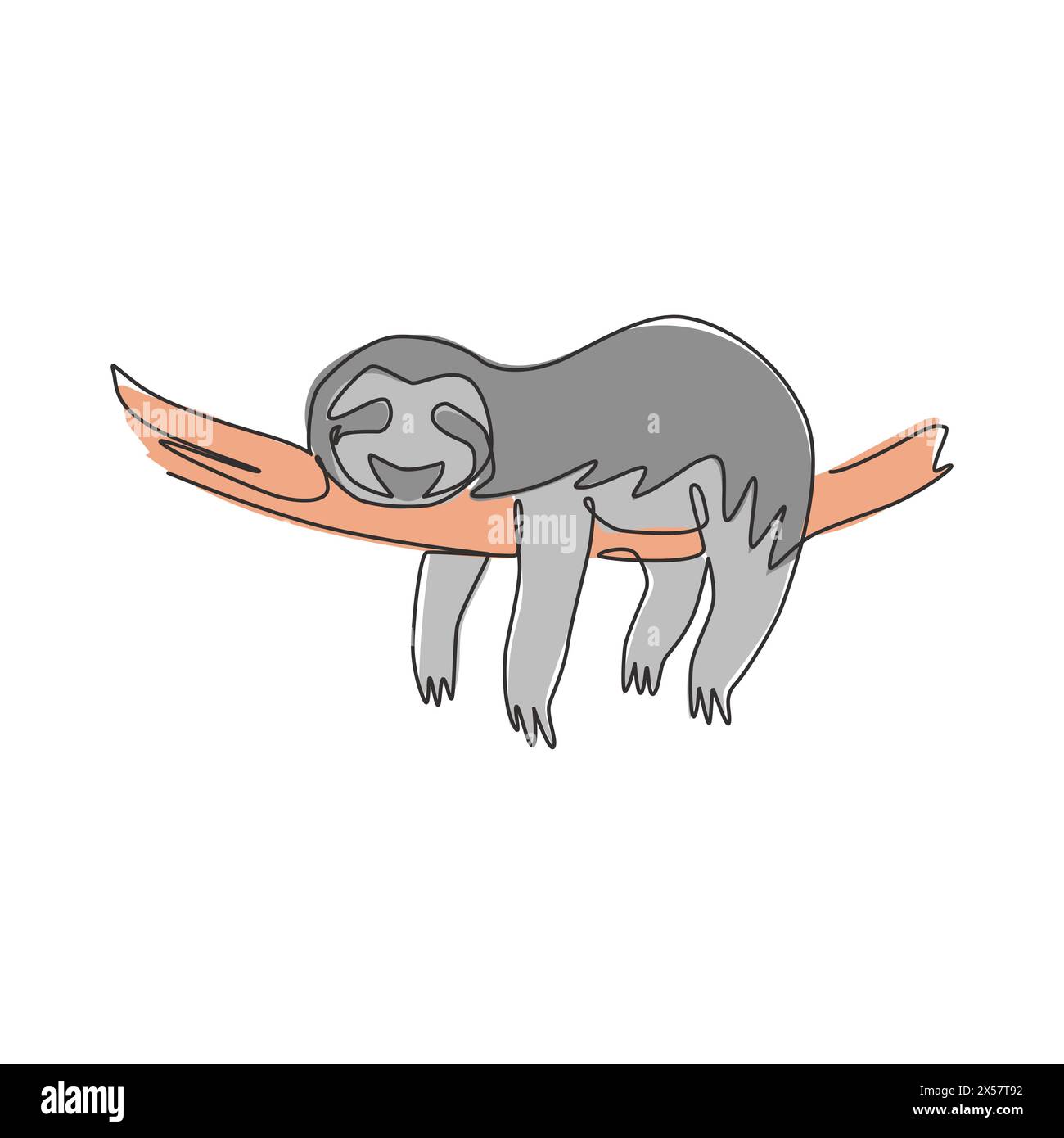 One single line drawing of lovely adorable sloth sleeping at branch tree for logo identity. Cute mammal mascot concept for zoo icon. Trendy continuous Stock Vector