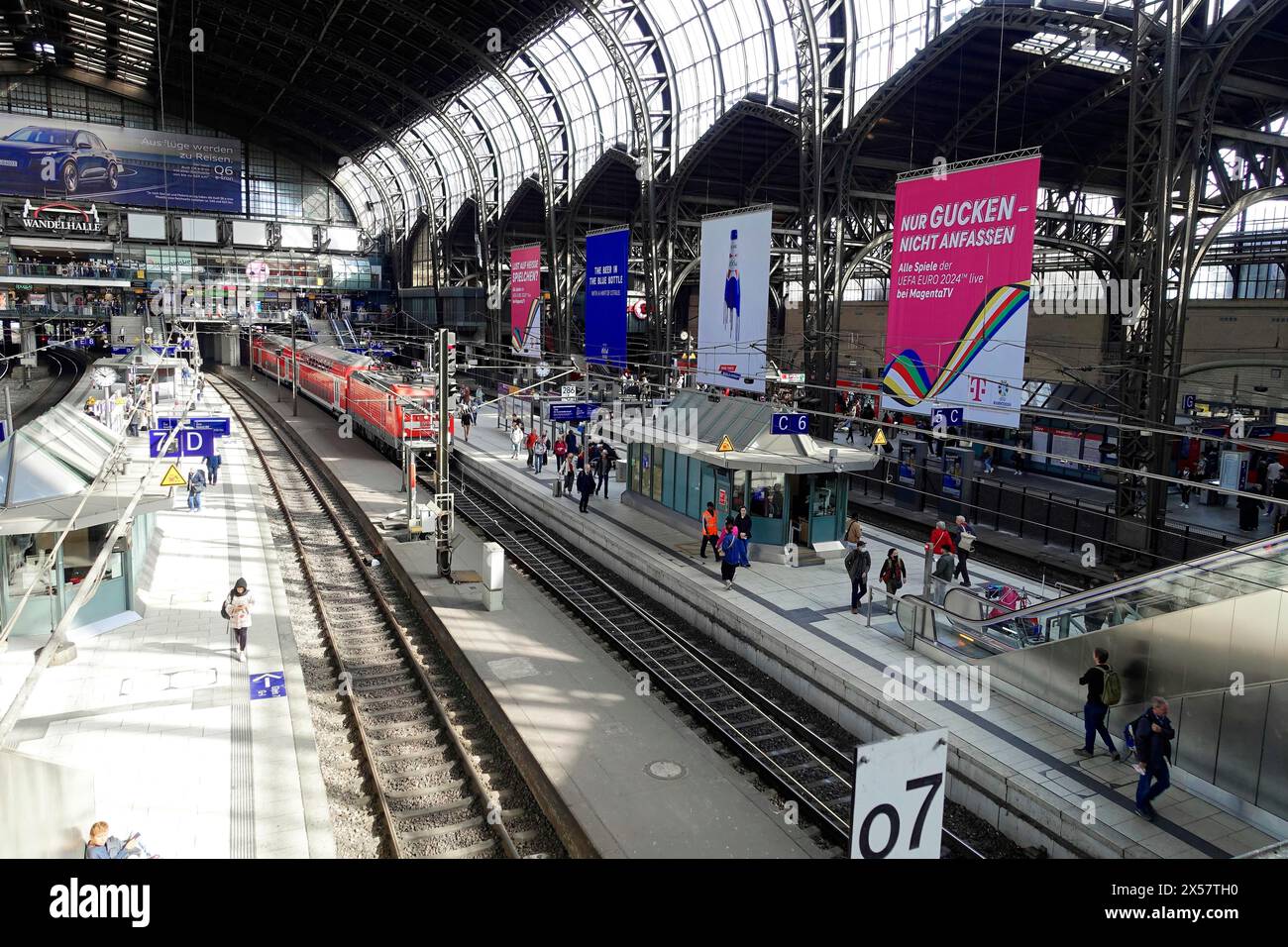 Hamburg Central Station, Hamburg, Germany, Europe, View of a station concourse with trains and travellers at different platforms under a large arch Stock Photo