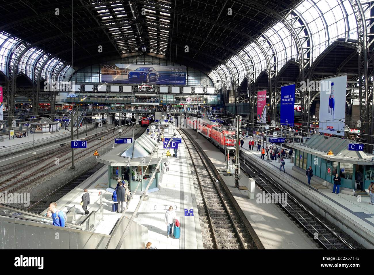 Hamburg Central Station, Hamburg, Germany, Europe, Crowd of travellers and trains at the tracks of a metropolitan railway station, Hanseatic City of Stock Photo