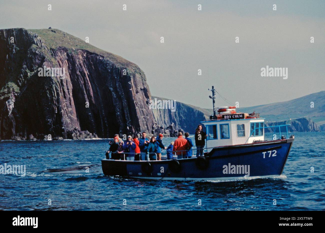 Dolphin tour, people, tour boat, Dolphin, Dolphin Peninsula, Republic of Ireland, April 1996, vintage, retro, old, historic Stock Photo