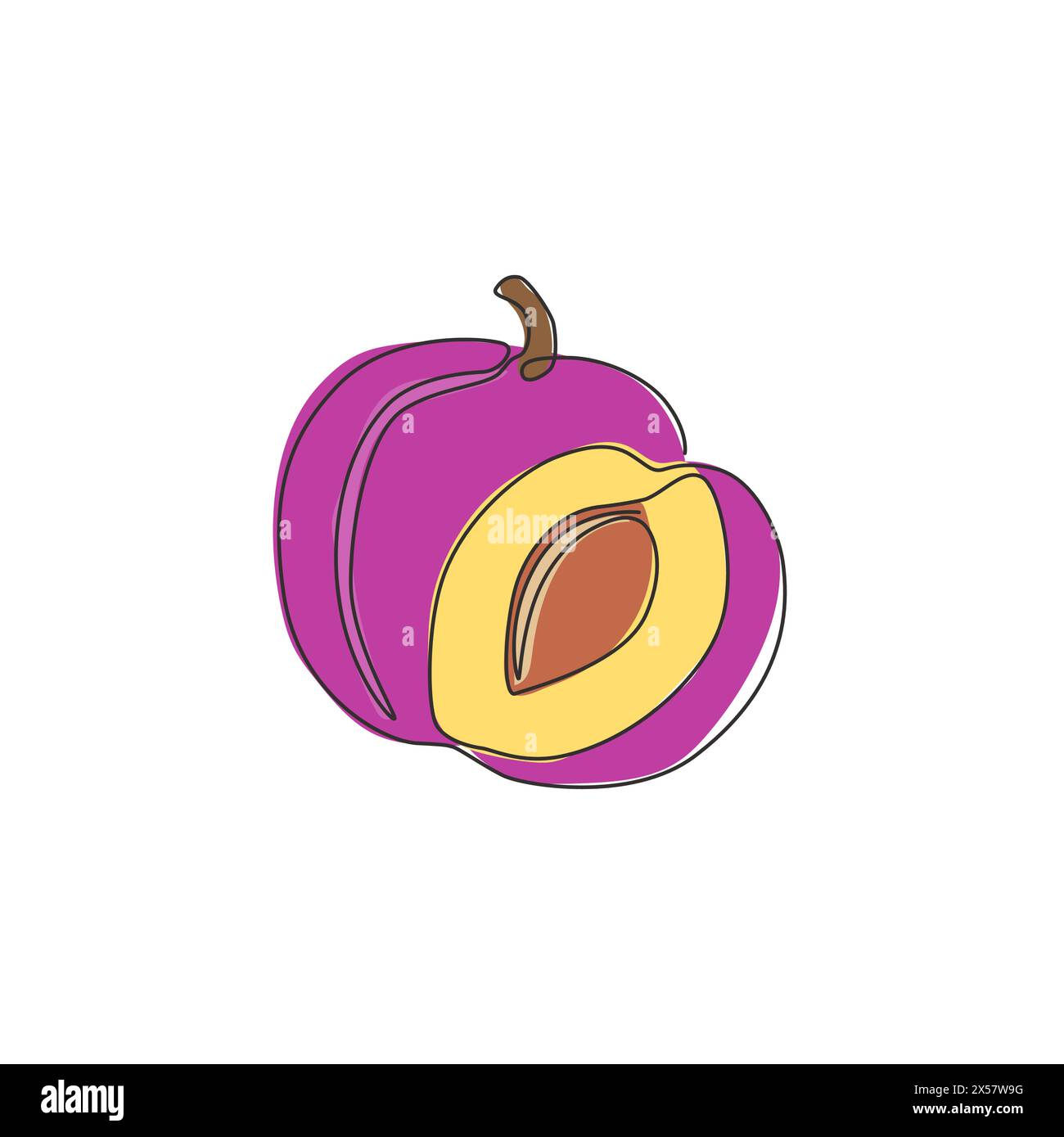 One continuous line drawing of whole and sliced healthy organic plum for orchard logo identity. Fresh fruitage concept for fruit garden icon. Modern s Stock Vector