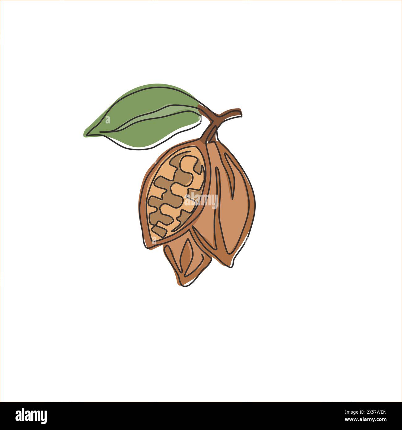 Single continuous line drawing of whole healthy organic cocoa bean for plantation logo identity. Fresh cacao concept for chocolate shop icon. Modern o Stock Vector