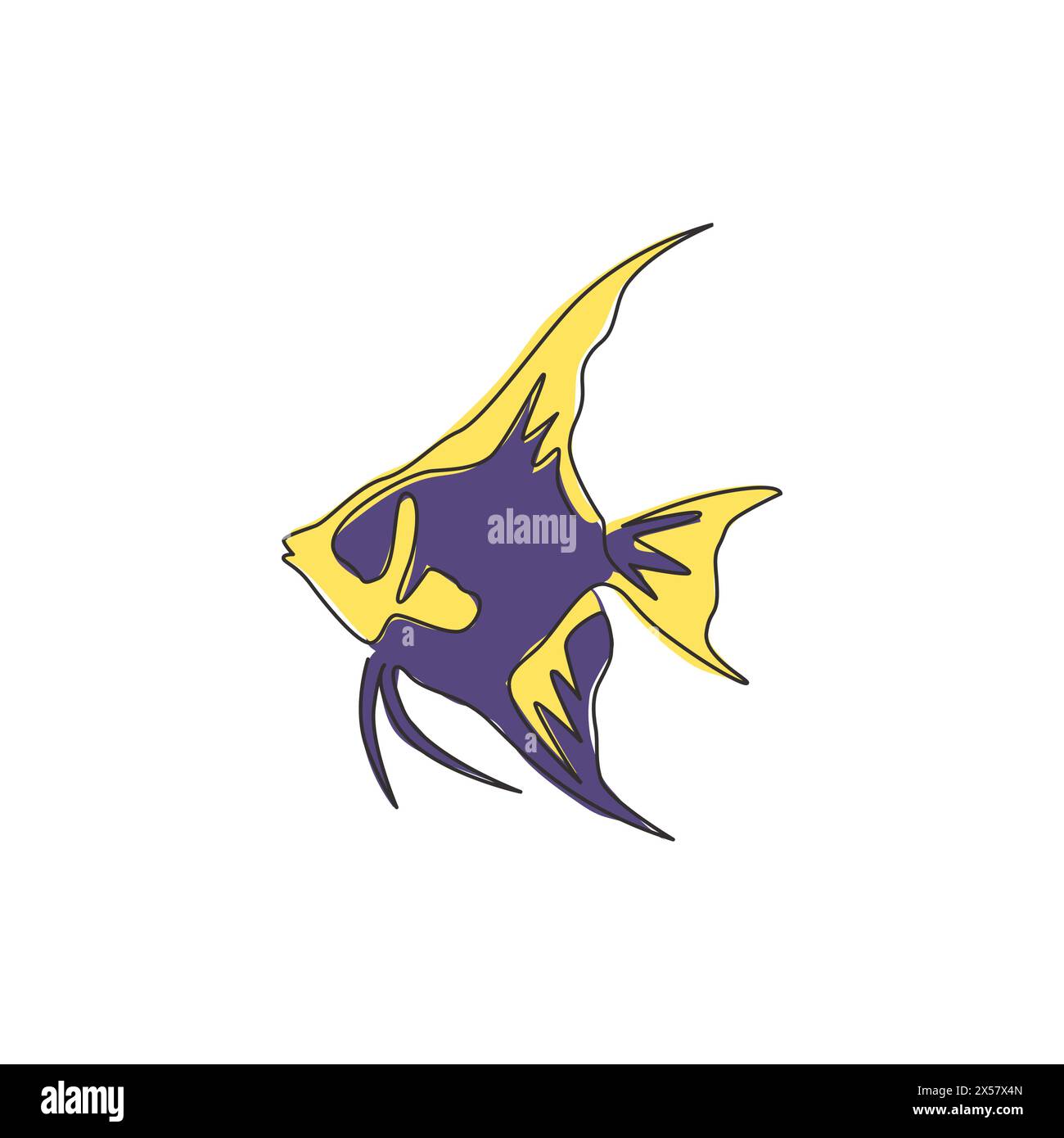 Single one line drawing of funny freshwater anglefish for company logo identity. Cute pterophyllum fish mascot concept for aquatic show icon. Modern c Stock Vector