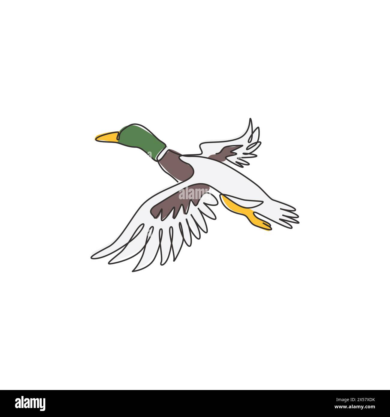 Single one line drawing of adorable flying mallard duck for company logo identity. Beauty duck mascot concept for animal husbandry icon. Modern contin Stock Vector