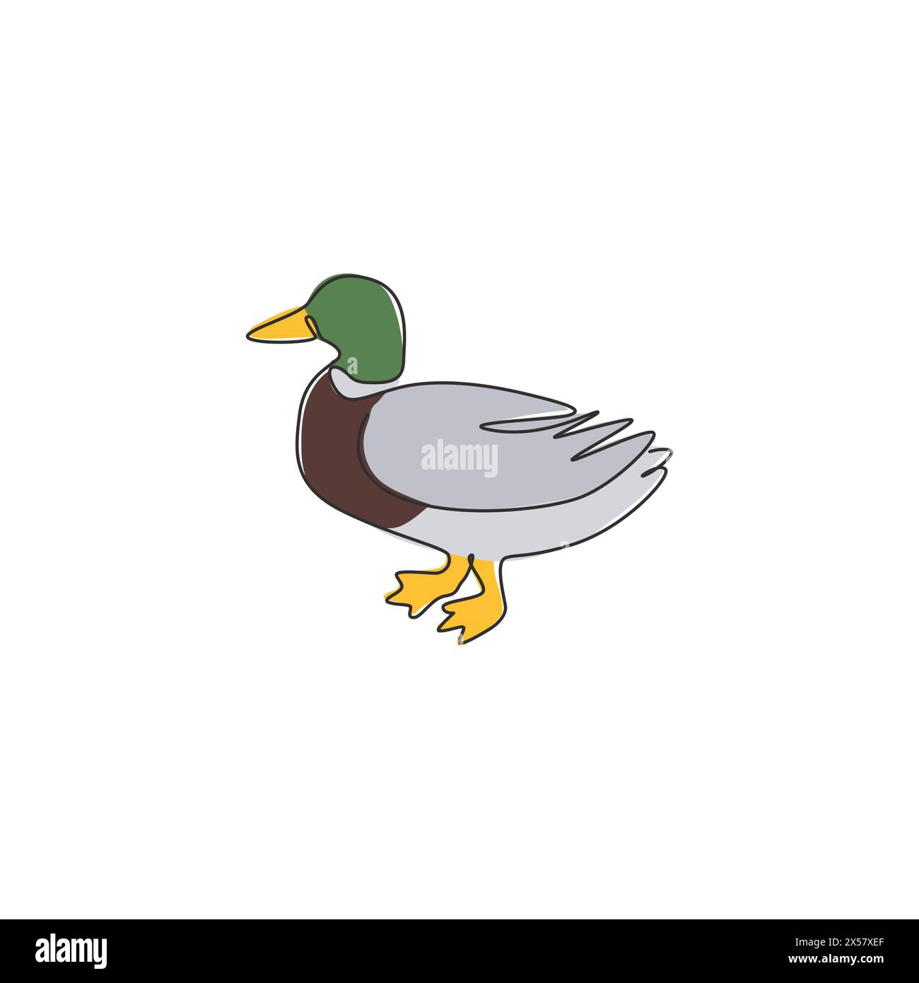 Single continuous line drawing of cute mallard for farm logo identity. Waterfowl duck mascot concept for animal livestock icon. Modern one line draw d Stock Vector