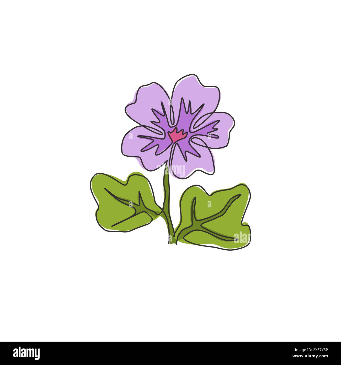 One continuous line drawing beauty fresh purple mallow for wall home decor poster art. Decorative common mallow flower for wedding invitation card. Tr Stock Vector