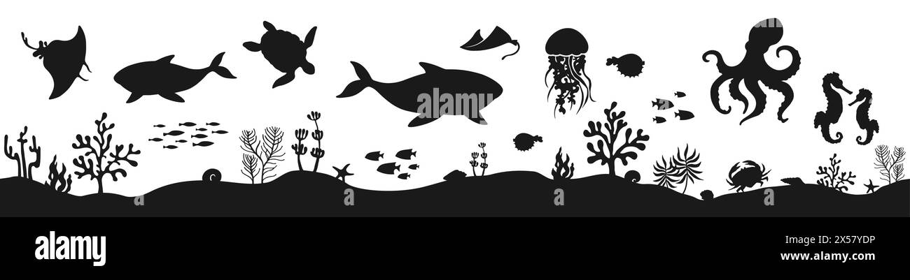 Seabed ocean floor seascape silhouette vector Illustration. Marine underwater world coral reef landscape background. Undersea bottom with animals and fish, seaweeds and corals. Underwater nautical art Stock Vector