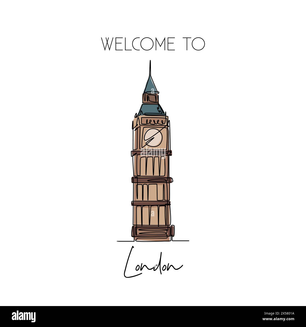 One continuous line drawing of welcome to Big Ben clock tower landmark. Beautiful iconic place in London. Home decor wall art poster print concept. Mo Stock Vector