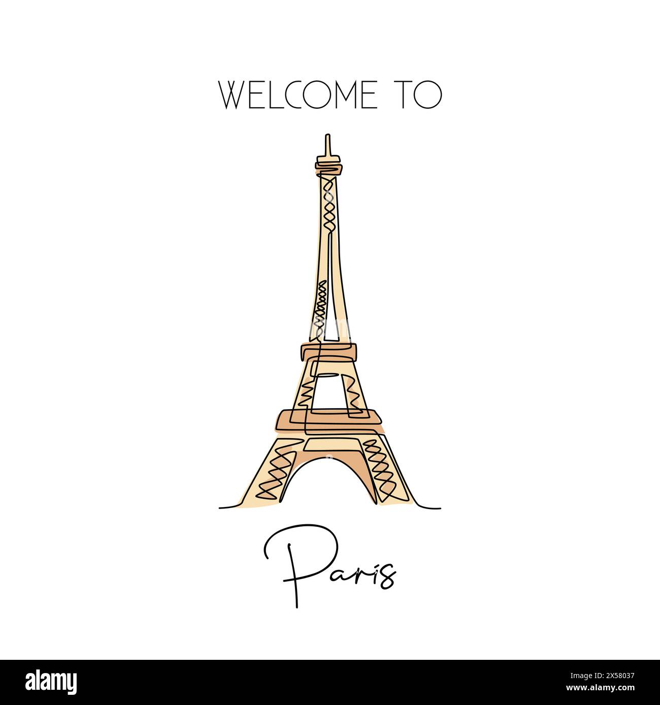 Single continuous line drawing of Eiffel Tower. Iconic landmark place in Paris, France. World
