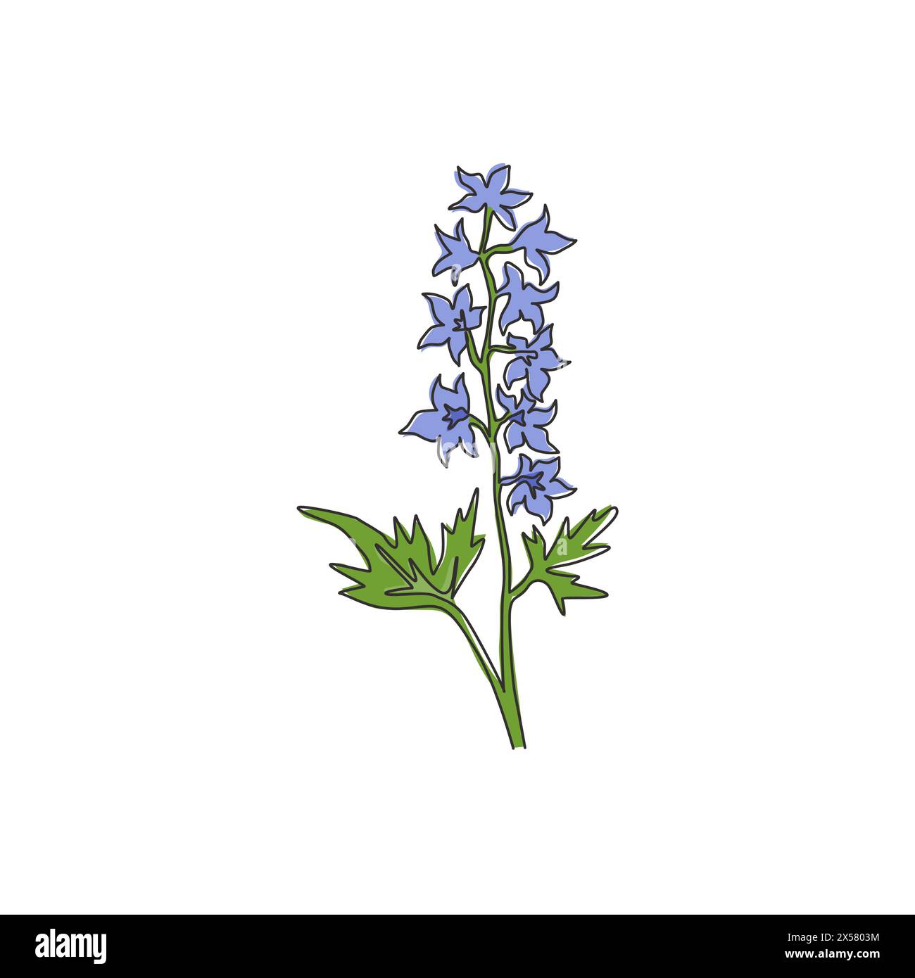 Single one line drawing beauty fresh larkspur for garden logo. Decorative of perennial delphinium concept for home wall decor art poster print. Modern Stock Vector