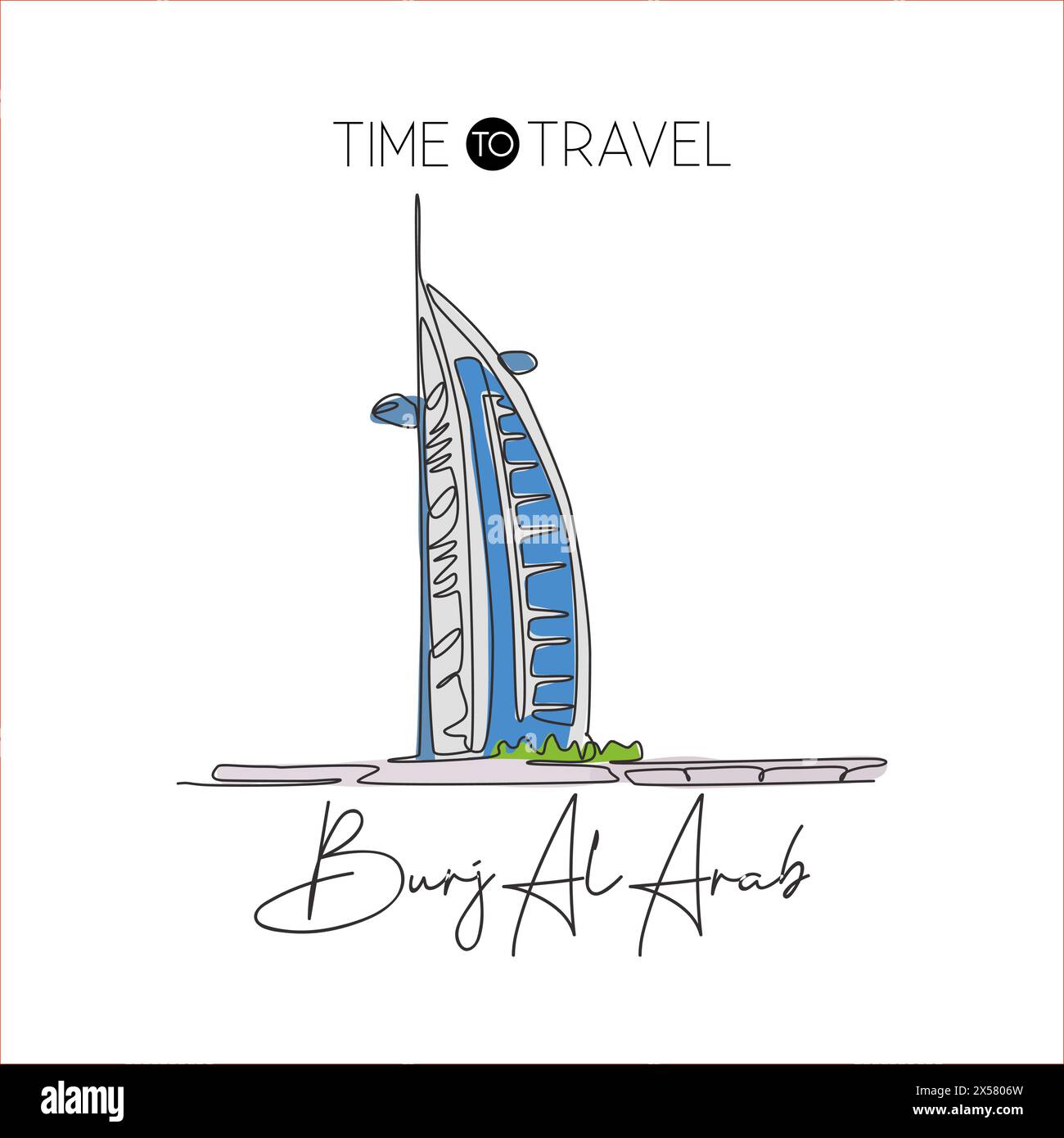 Single continuous line drawing of welcome to Burj Al Arab landmark. Dubai, United Arab of Emirates famous place. Home decor wall art poster print. Vec Stock Vector