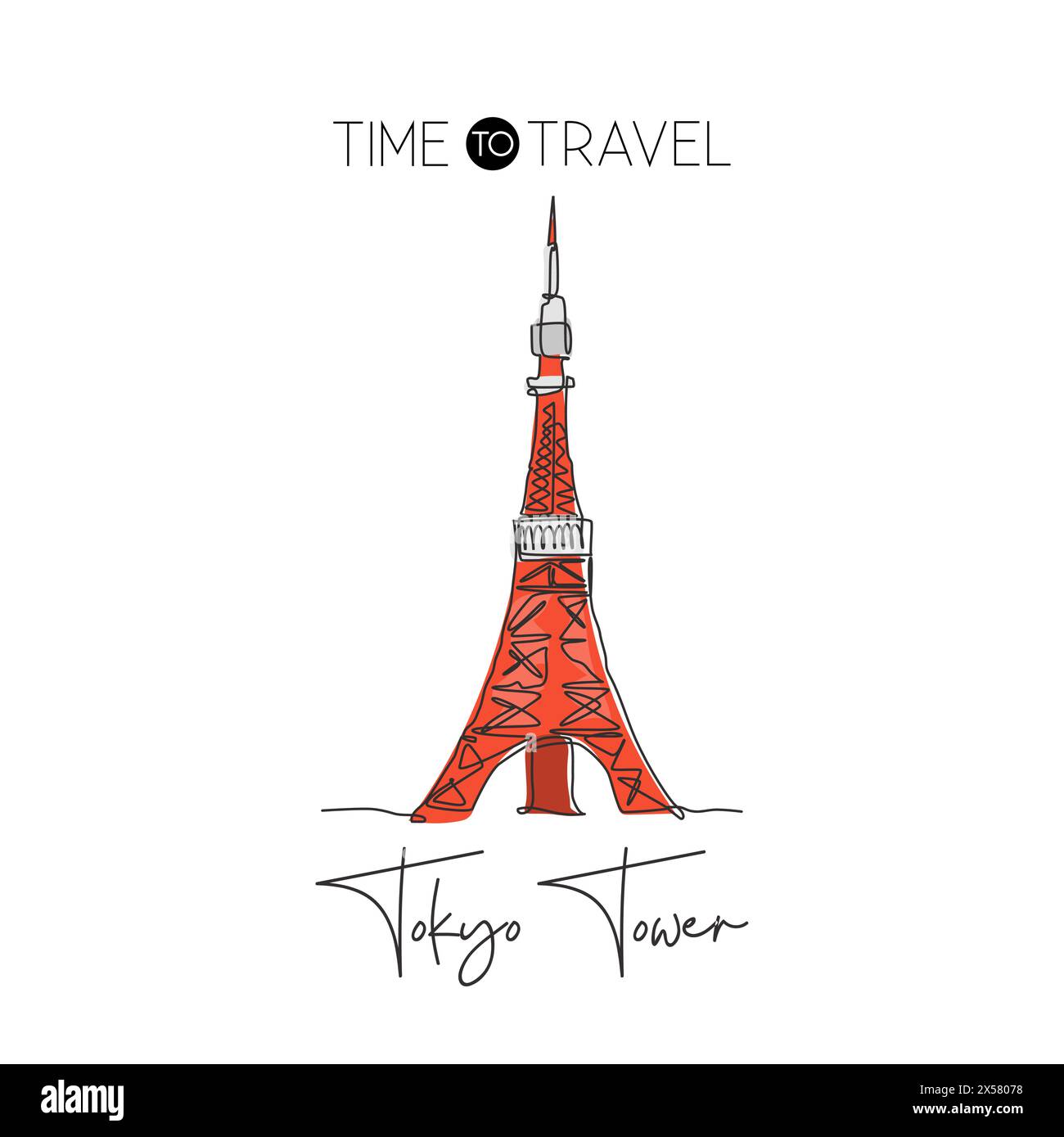 Depok, Indonesia - August 1, 2019: One continuous line drawing Tokyo Tower landmark. World iconic place in Tokyo, Japan. Holiday vacation home wall de Stock Vector