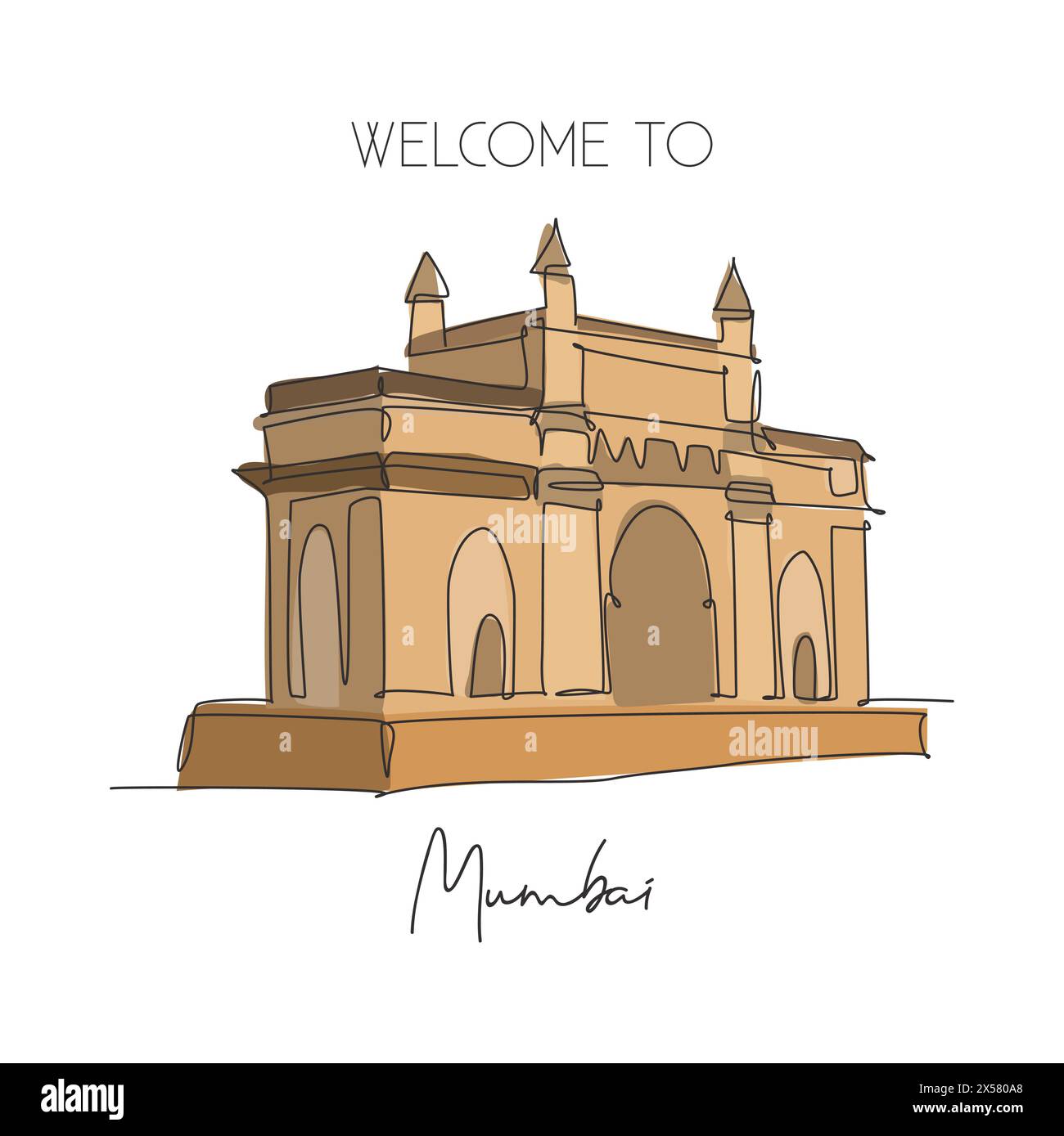 One continuous line drawing Gateway of India landmark. Symbolic monument in Mumbai India. Holiday tour travel wall decor poster print art concept. Mod Stock Vector