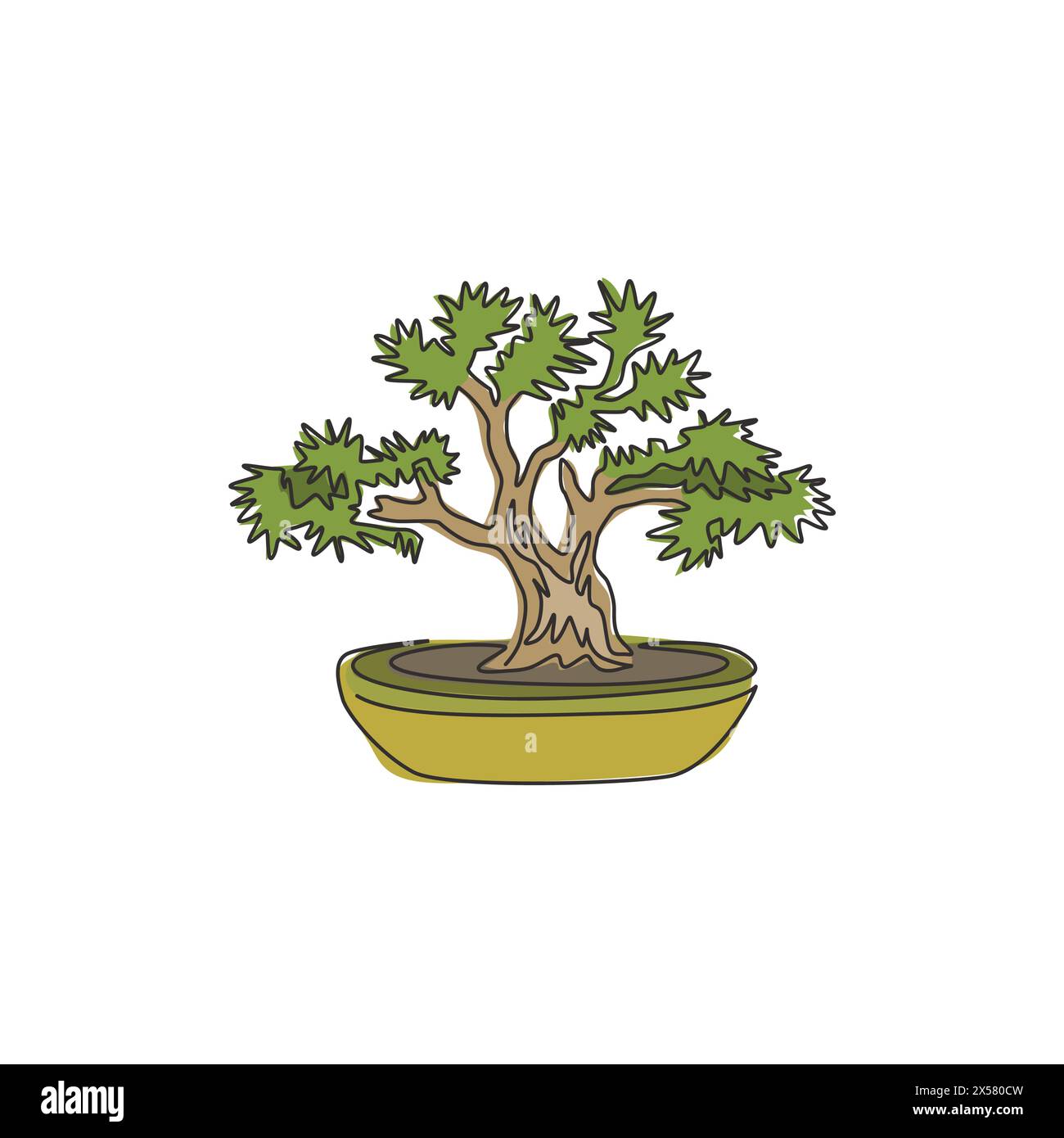 Single continuous line drawing of beauty and old exotic bonsai tree for