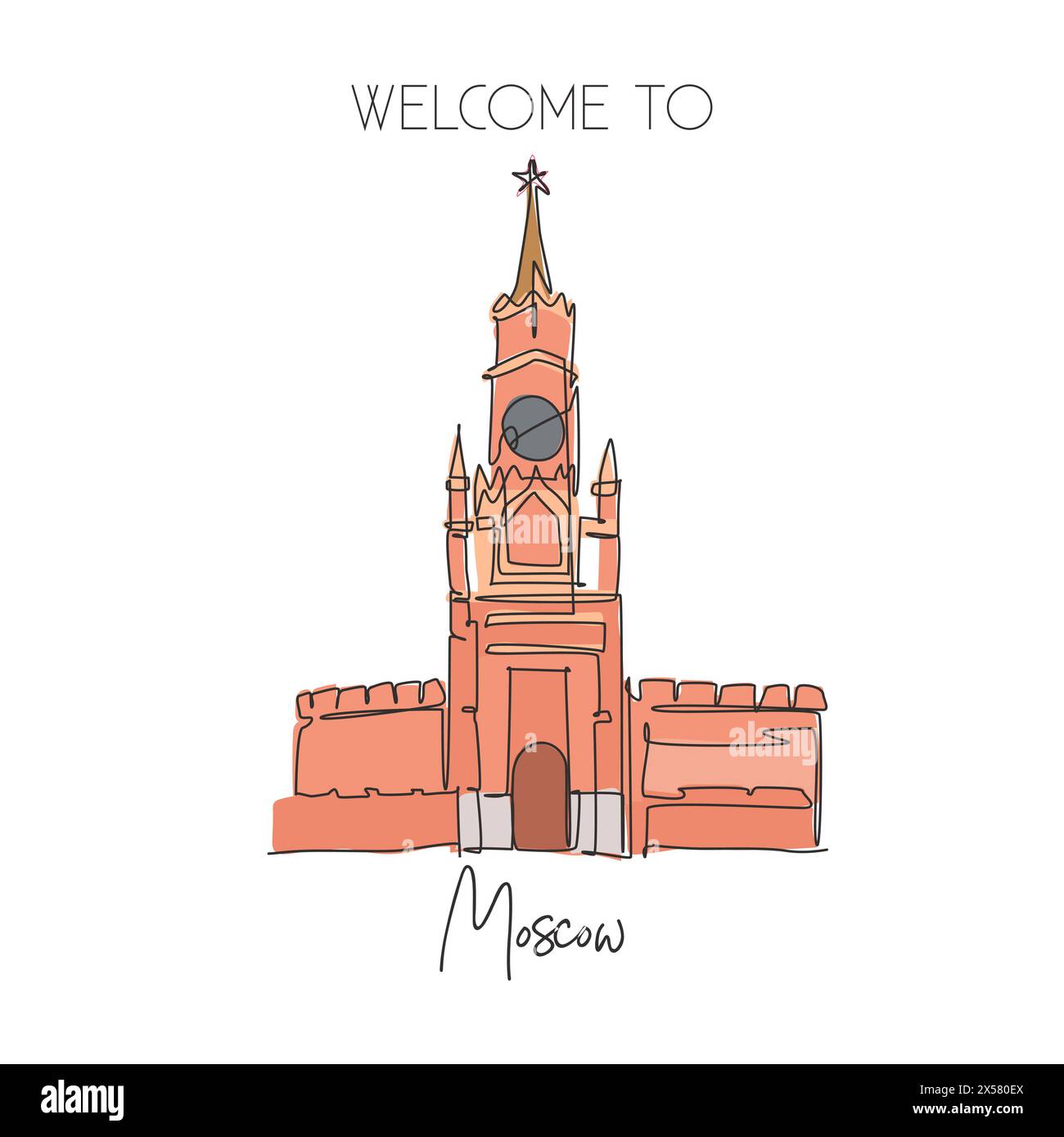 One single line drawing Spasskaya Tower landmark. World famous place in Moscow, Russia. Tourism travel postcard wall decor poster print concept. Moder Stock Vector