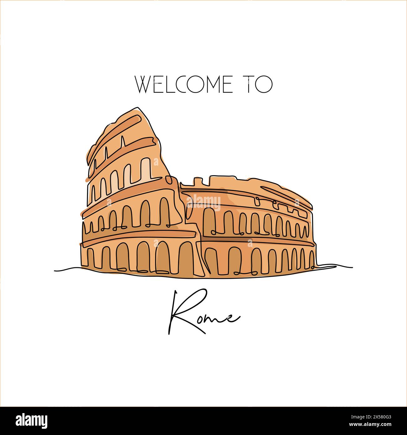Single continuous line drawing Colosseum amphitheater. Iconic landmark place in Rome, Italy. World travel home decor wall art poster print concept. Mo Stock Vector