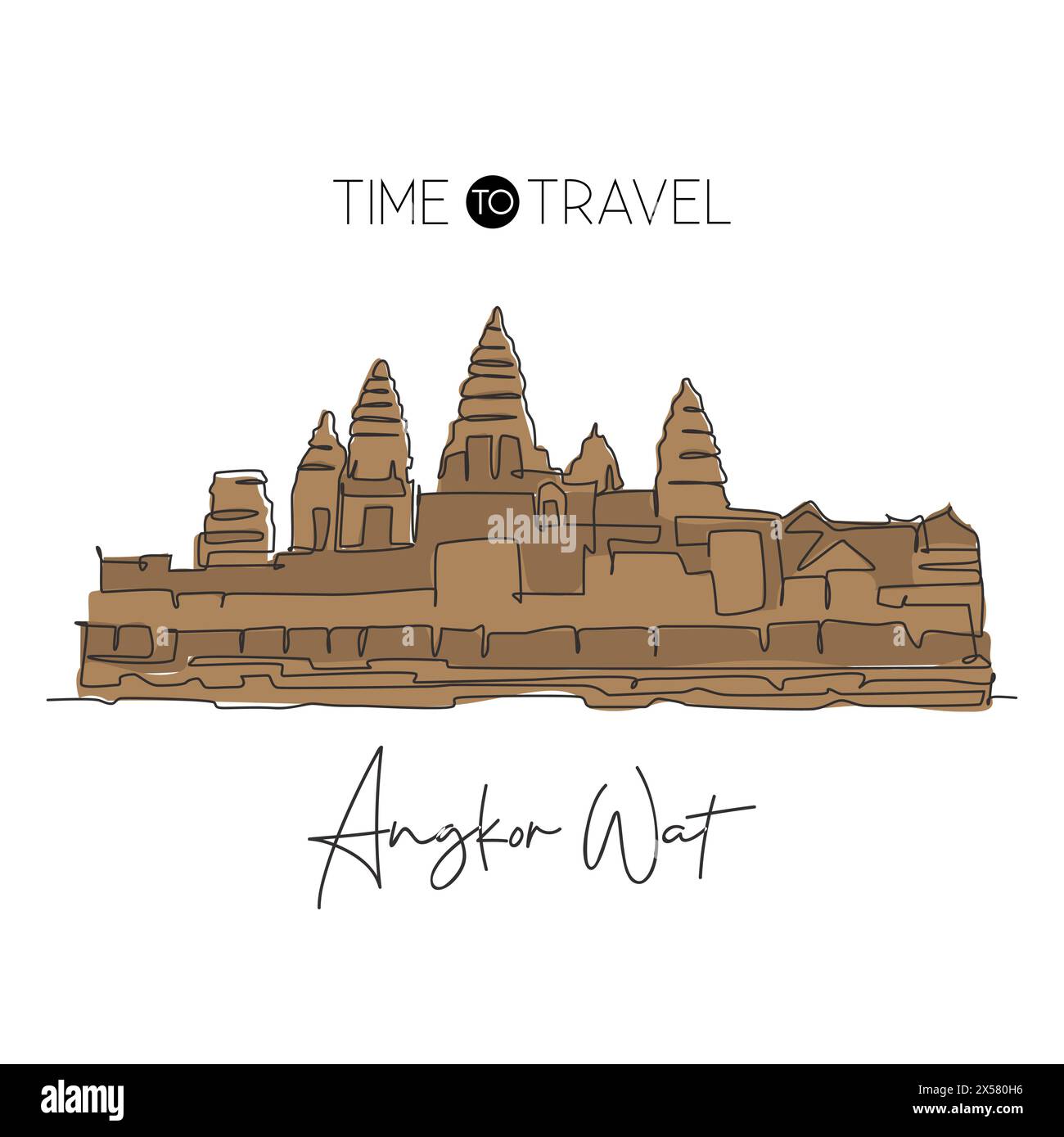 Single continuous line drawing Angkor Wat Temples landmark. Famous place in Siem Reap, Cambodia. World travel tour home art wall decor poster print. M Stock Vector