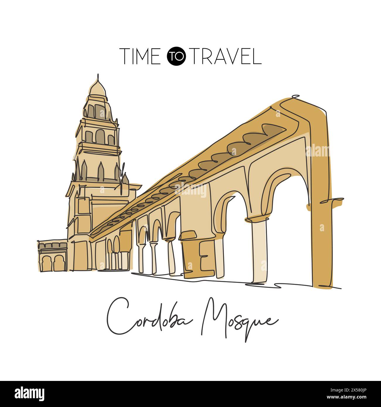 Single continuous line drawing Great Mosque of Cordoba landmark. Famous place in Andalusia, Spain. World travel campaign wall decor print art concept. Stock Vector