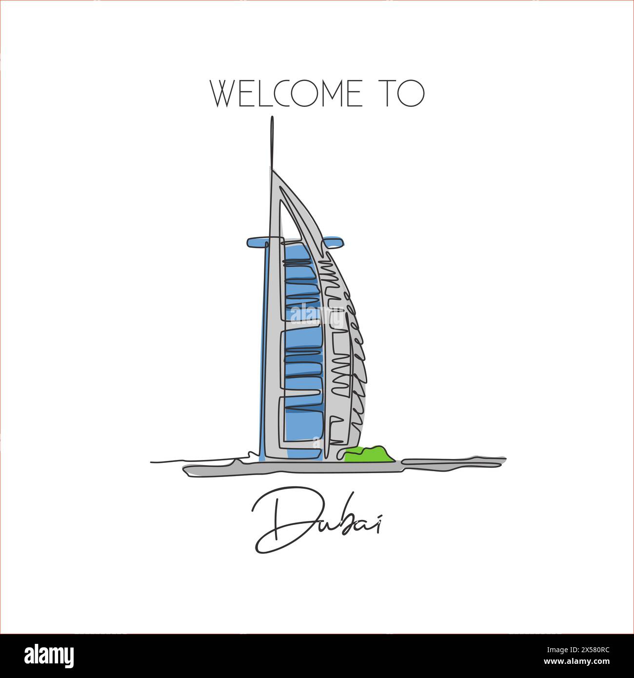 Depok, Indonesia - August 2, 2019: One single line drawing Burj Al Arab landmark. World iconic famous place in Dubai, UAE. Tourism travel postcard and Stock Vector