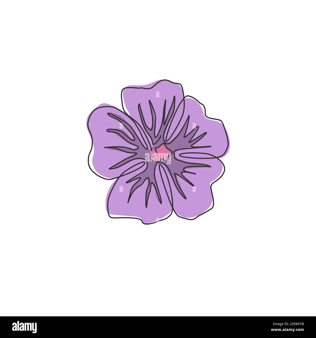 Single one line drawing beauty fresh purple mallow for garden logo. Printable decorative malva sylvestris flower for home decor wall art poster. Moder Stock Vector