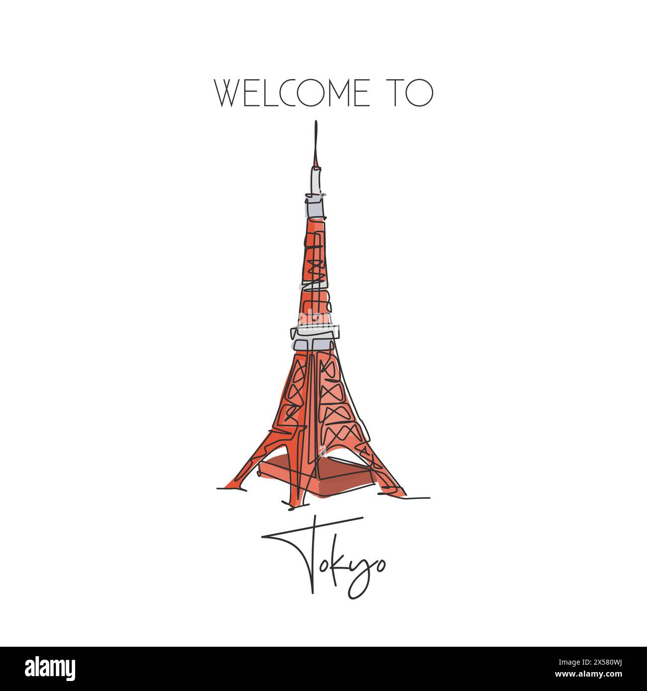 Depok, Indonesia - August 1, 2019: Single continuous line drawing Tokyo Tower landmark. Beauty iconic place in Tokyo, Japan. World travel home wall de Stock Vector