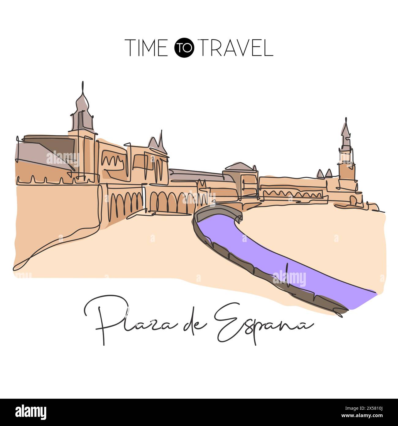 Single continuous line drawing Plaza de Espana landmark. Beautiful famous place in Sevilla, Spain. World travel tour home wall decor poster art concep Stock Vector