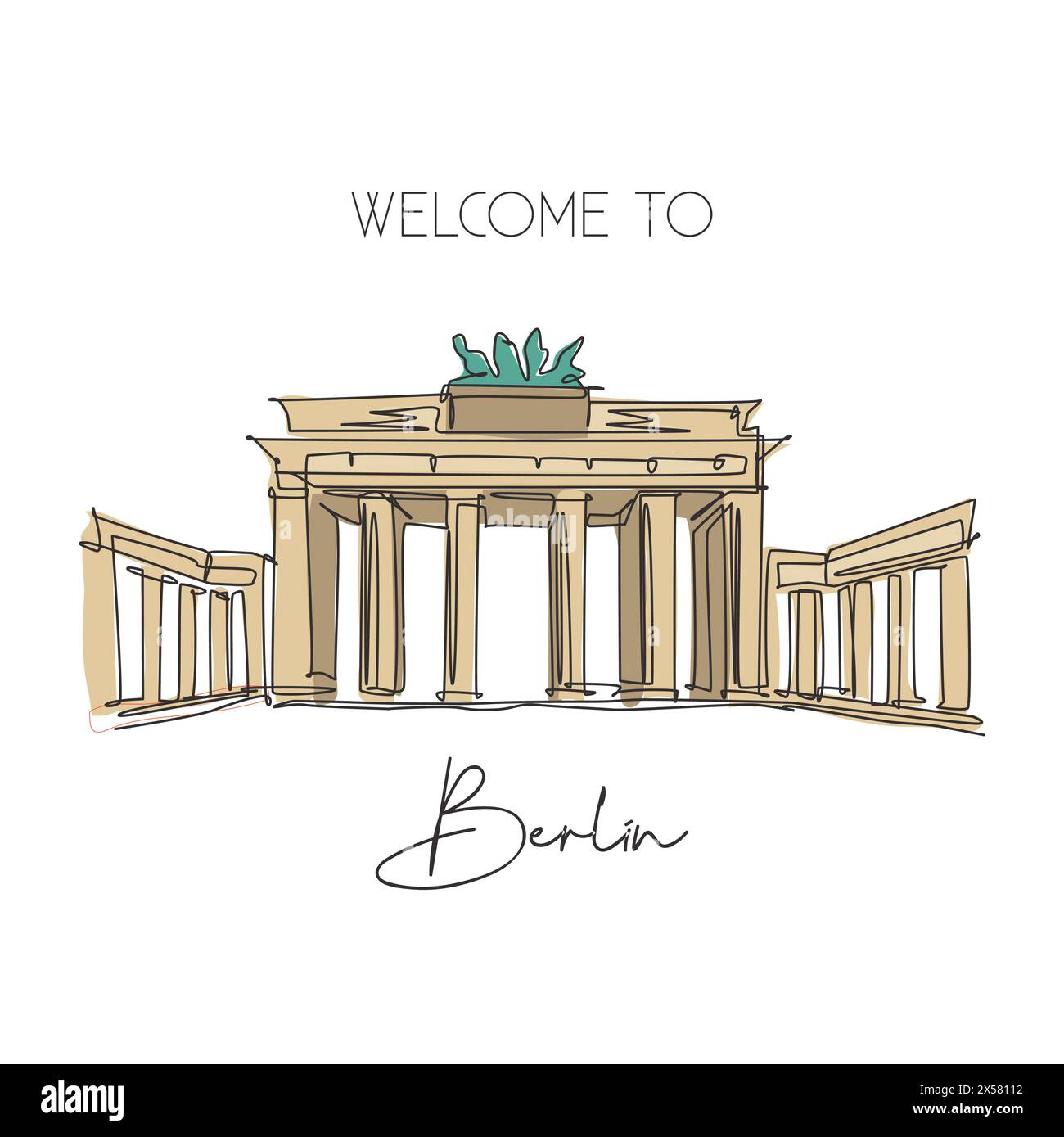 One continuous line drawing Brandenburg Gate landmark. World iconic place in Berlin, Germany. Holiday vacation wall decor art poster print concept. Mo Stock Vector