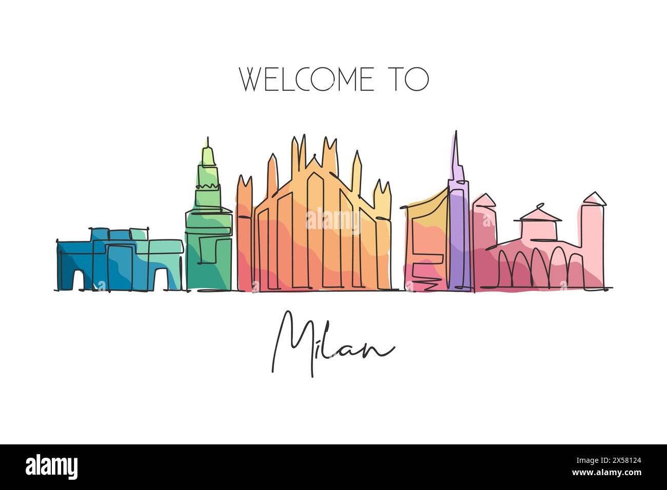 Single continuous line drawing of Milan city skyline, Italy. Famous city skyscraper landscape in world. World travel wall decor poster print concept. Stock Vector