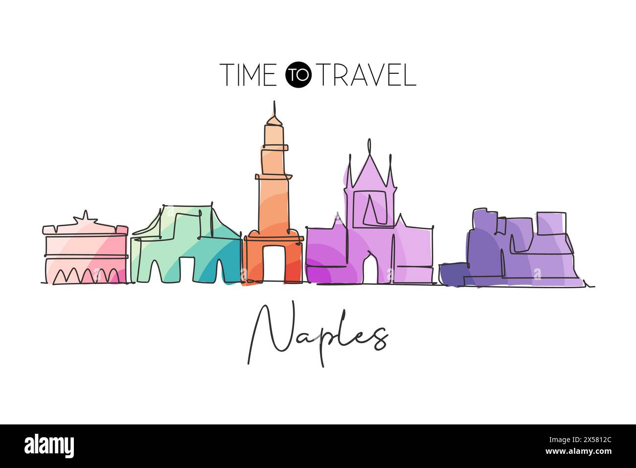 Single continuous line drawing of Naples city skyline, Italy. Famous city skyscraper landscape. World travel home wall decor poster print art concept. Stock Vector