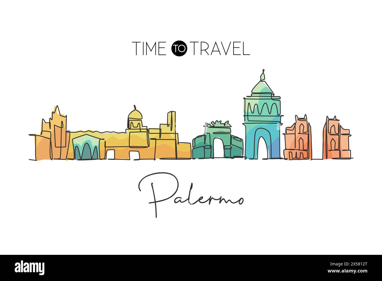 One single line drawing Palermo city skyline, Italy. Historical skyscraper landscape in world. Best holiday destination home wall decor poster. Trendy Stock Vector